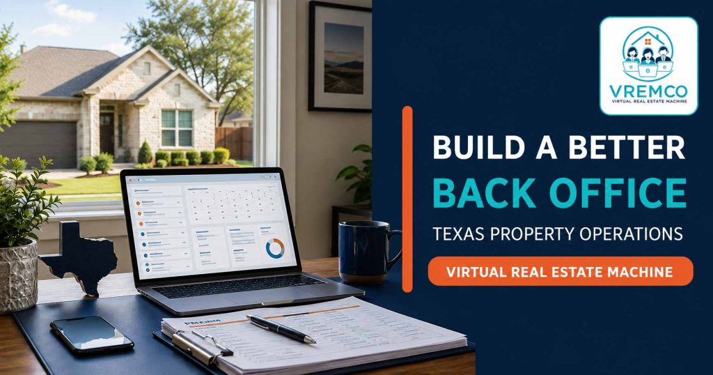 Texas rental operations workspace with laptop, task records, a single-family rental home, and VREMCO branding