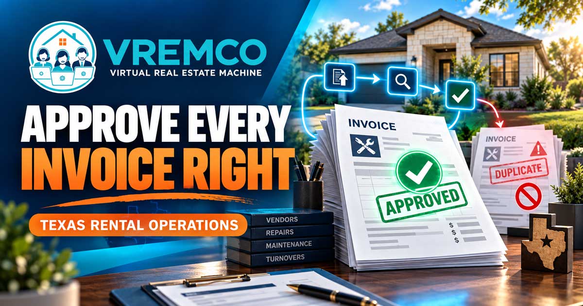Texas rental operations desk with vendor invoice, approval checklist, calculator, and single-family home.
