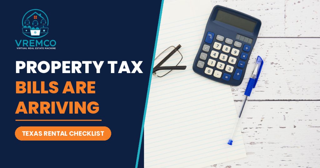 VREMCO graphic reading Property Tax Bills Are Arriving, with a calculator, pen, glasses, and a notepad on a white desk
