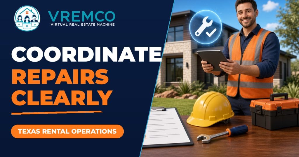 VREMCO branded graphic with headline Coordinate Repairs Clearly for Texas landlord repair and vendor coordination article